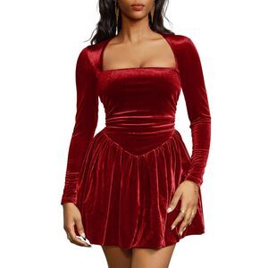 Sexy Long Sleeve Square Neck Velvet Bubble Mini  Dress, SIZE XL, 20E-170D001